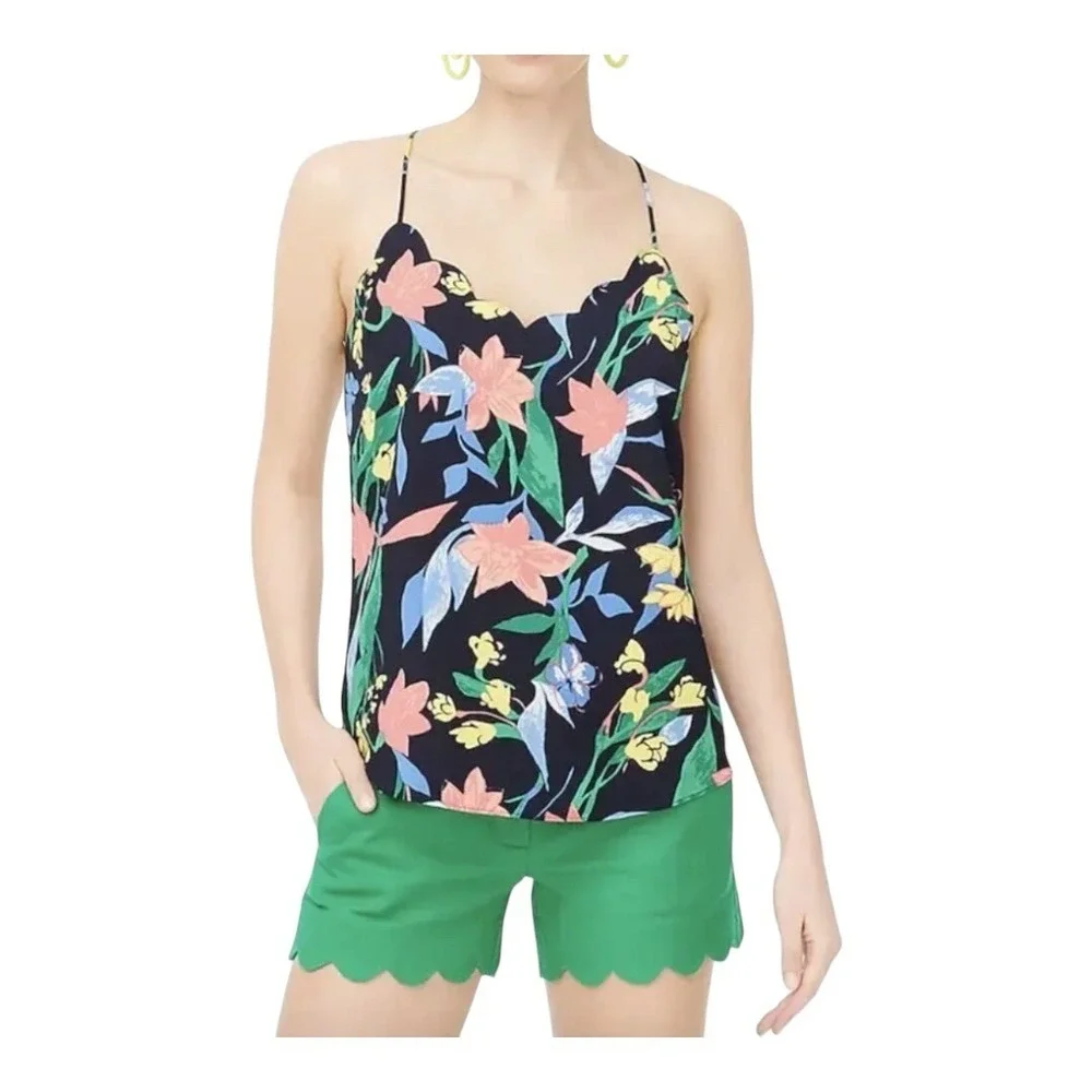 J.Crew Scalloped Floral Cami‎ Women 0 Black Pink Blue Tropical Summer Tank Top